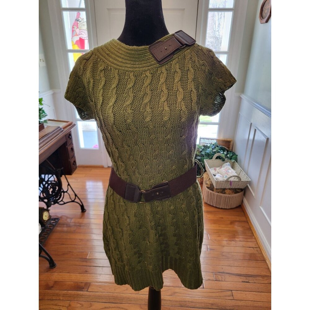 New Directions Y2K Olive Cable Knit Sweater Mini Dress Belt Buckle M Grunge